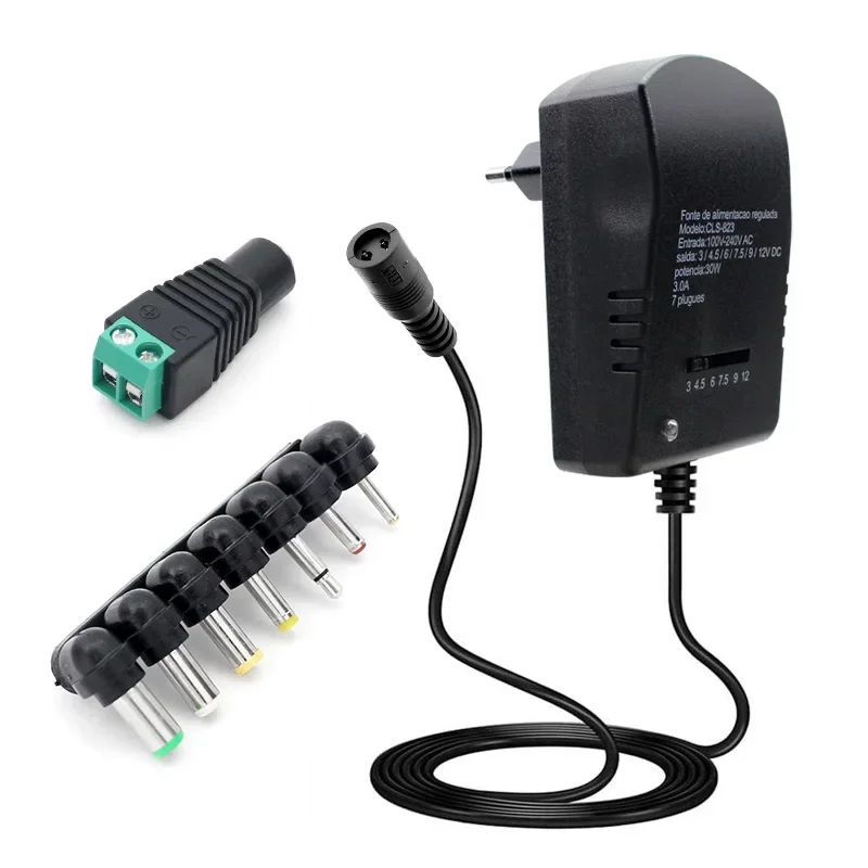 แหล่งจ่ายไฟสลับแบบปรับได้หม้อแปลงกระแสไฟฟ้า12V โวลต์220V ไปยัง DC 3V 4.5V 6V 7.5V 9V 12V 12V พร้อม DC ตัวเมีย7ปลั๊ก 1