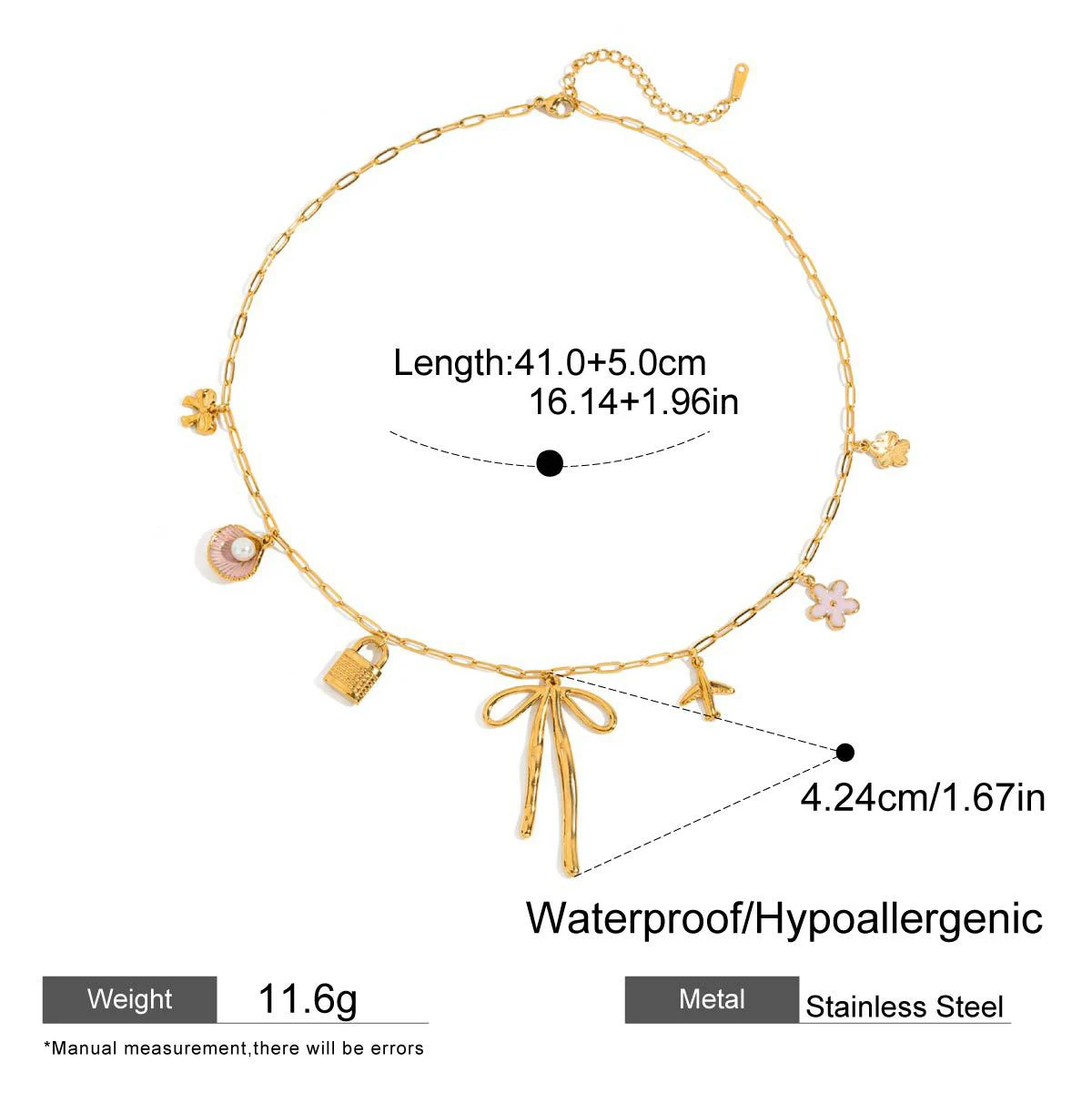 Waterproof 18K Gold Plated Small Pink Shell Flower Bowknot Pendant Stainless Steel Neckalce Ladies Charm Creative Jewelry Gifts