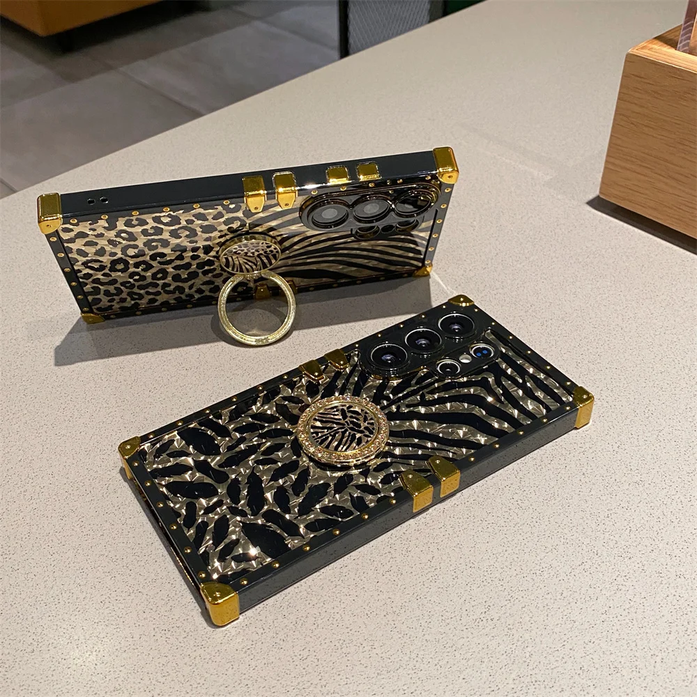 Feather Leopard Ring Stand Shockproof Phone Case Cover