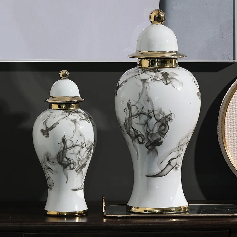 Golden high Flower vase Ceramic jar Chinese living room decorations and ornaments Ink painting general jar Ceramic storage jars 2