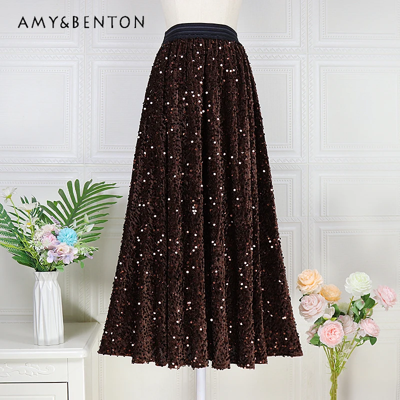 Red Velvet Glitter Skirt Fashion High-End Slimming A-line Skirt Autumn And Winter New High Waist Black Long Skirt Y2k Clothes