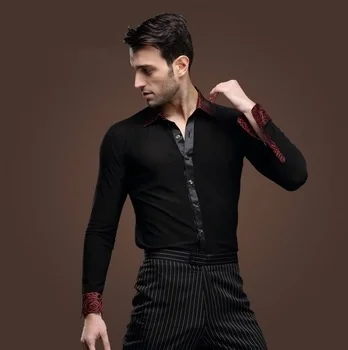 Adult mens male boys black color fashion collar latin ballroom dance shirt costumes men Salsa Tango Samba shirts dance wear