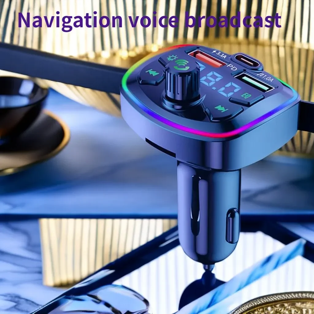 Car Bluetooth 5.0 FM Transmitter PD Type-C Dual USB Fast Charger Colorful Ambient Light Cigarette Lighter For Xiaomi iPhone Poco