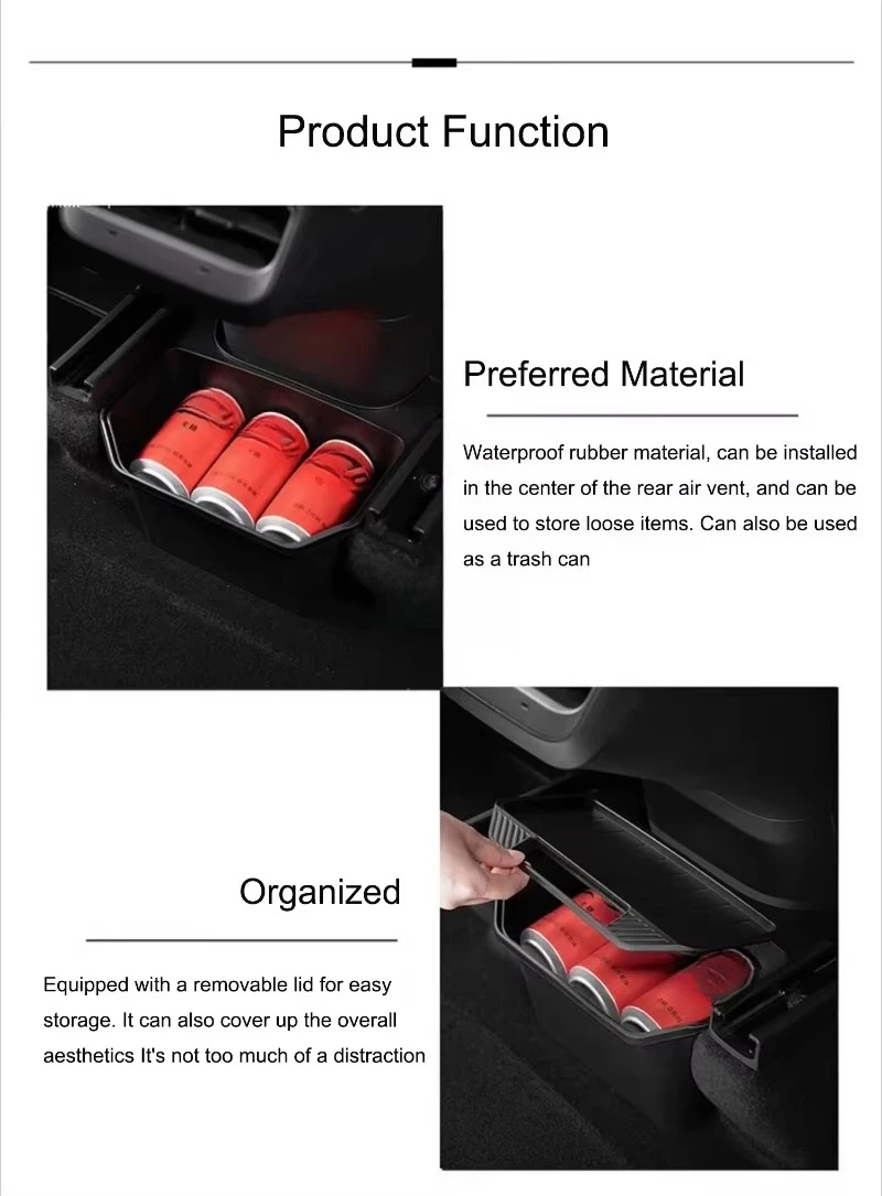 For Tesla Model Y-Rear Center Console Storage Box TPE Organizer Box with Cover Trash Can Under Seat Car Accessories