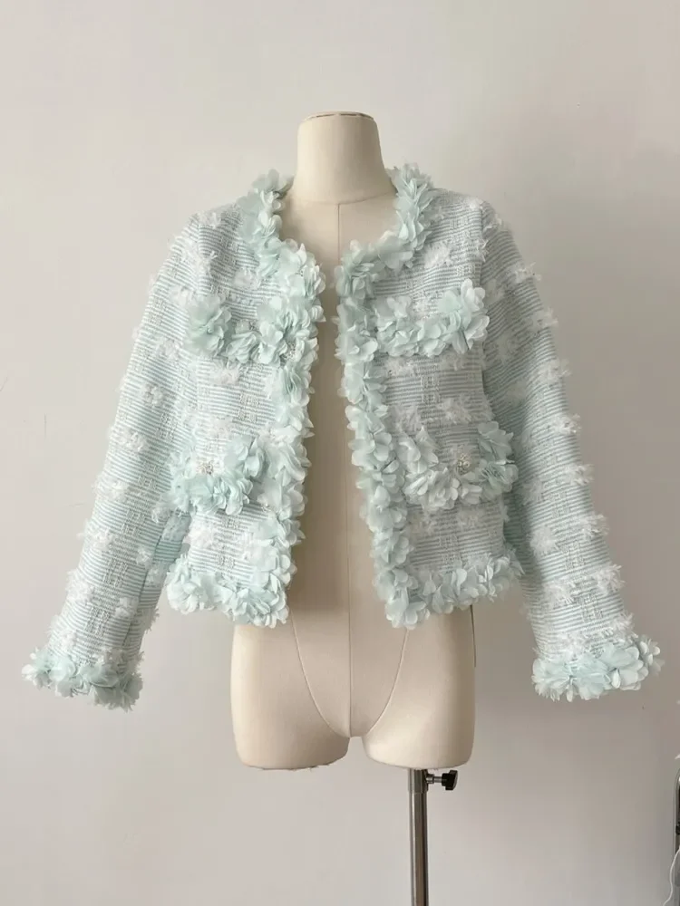 

High Quality Fashion Luxury 3D Flower Edge Single Breasted Woolen Coat For Women Autumn Winter Small Fragrance Tweed Jackets