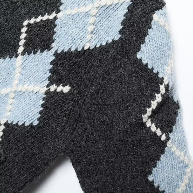 Women Gray Cardigan Sweater Coat Female Fashion Button V-Neck Long Sleeve Knitted Plaid Sweater Lady Street Short Cardigan Jacke