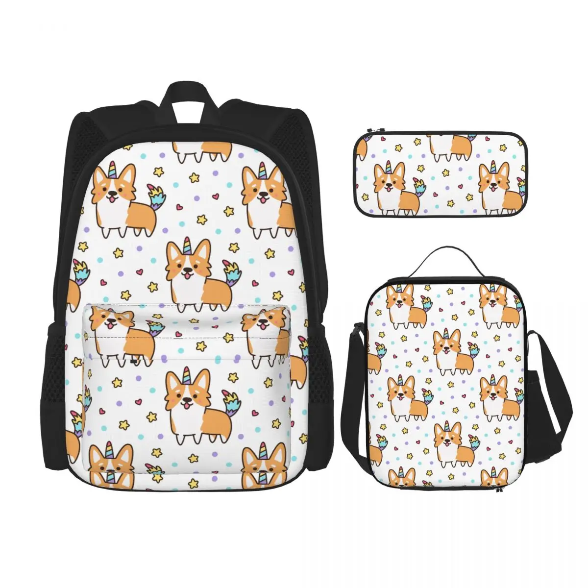 

3 Pcs Set Children's Backpacks School Bag for Girls Schoolbags Lunchbox School Child With Pencil Case Welsh Corgi Colorful Tail