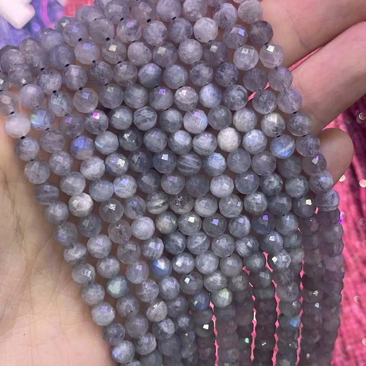 100% Pure Natural Labradorite Moonstone Stone Round Faceted Grey Spectrolite Gem Loose Bead Bracelet For DIY Handmade Jewelry