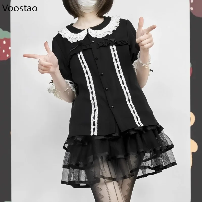 

Vintage Gothic Lolita Blouse Women Japanese Kawaii Lace Peter Pan Collar Sweet Puff Sleeve Shirt Female Victorian Y2k Sweet Tops