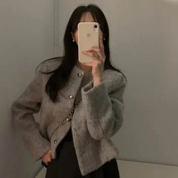고급 우아한 짧은 모직 재킷 여성 한국 스타일 가을과 겨울 우아한 느슨한 긴 소매 모직 카디건 탑