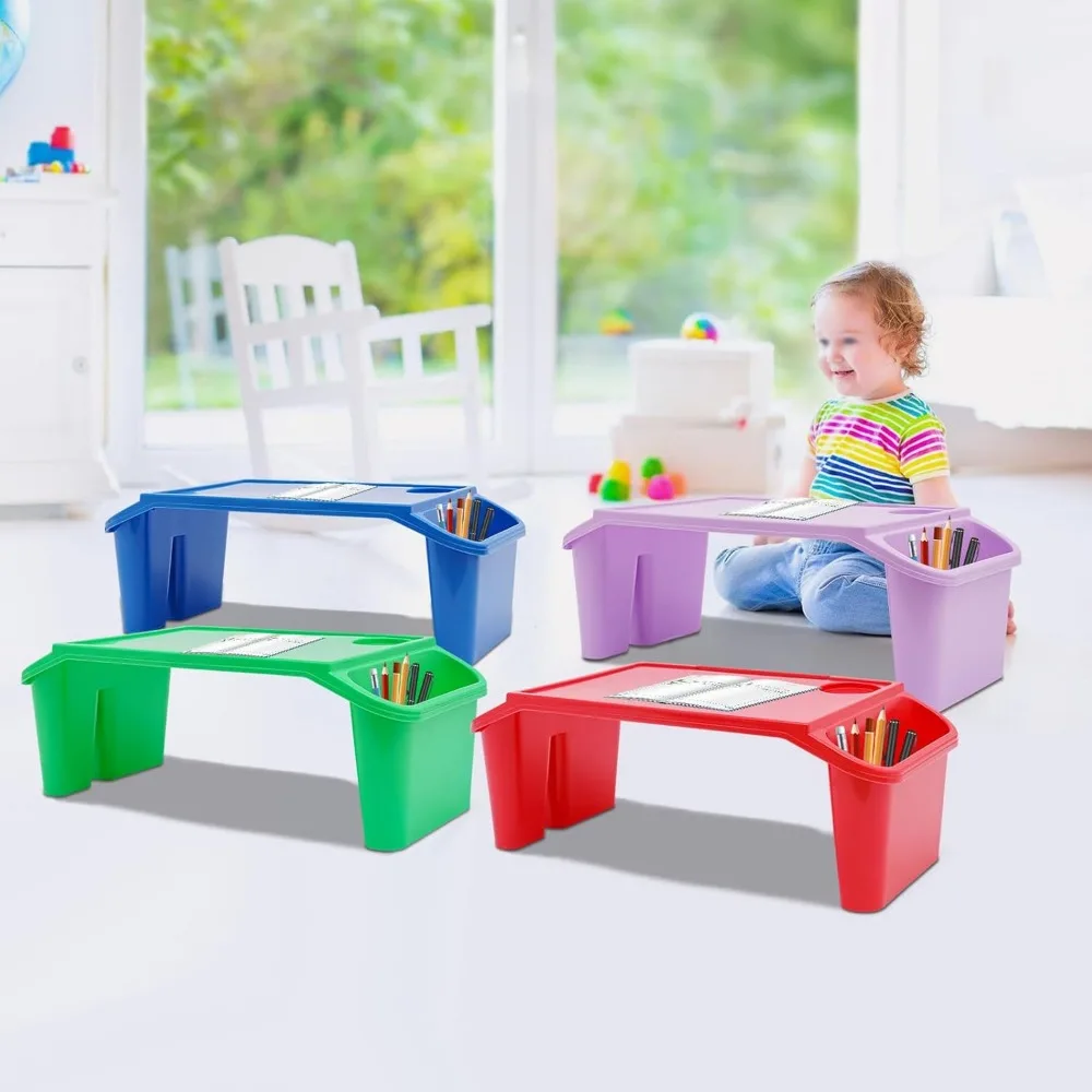 4 Pcs Kids Lap Desk Tray Plastic Breakfast Laptop Trays Portable Lap Bed Table with Side Pockets (20" x 10" x 7") 4
