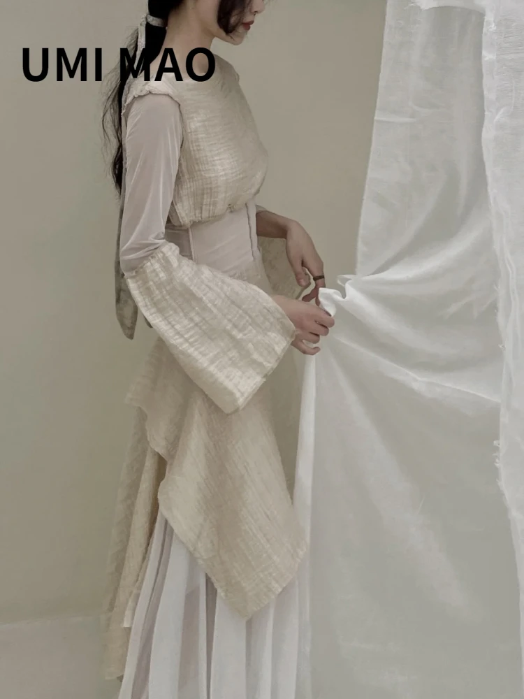 UMI ماو الملابس النسائية Harajuku الحرفي نمط شبكة خياطة أنيقة غير النظامية فستان طويل المرأة فام Y2K