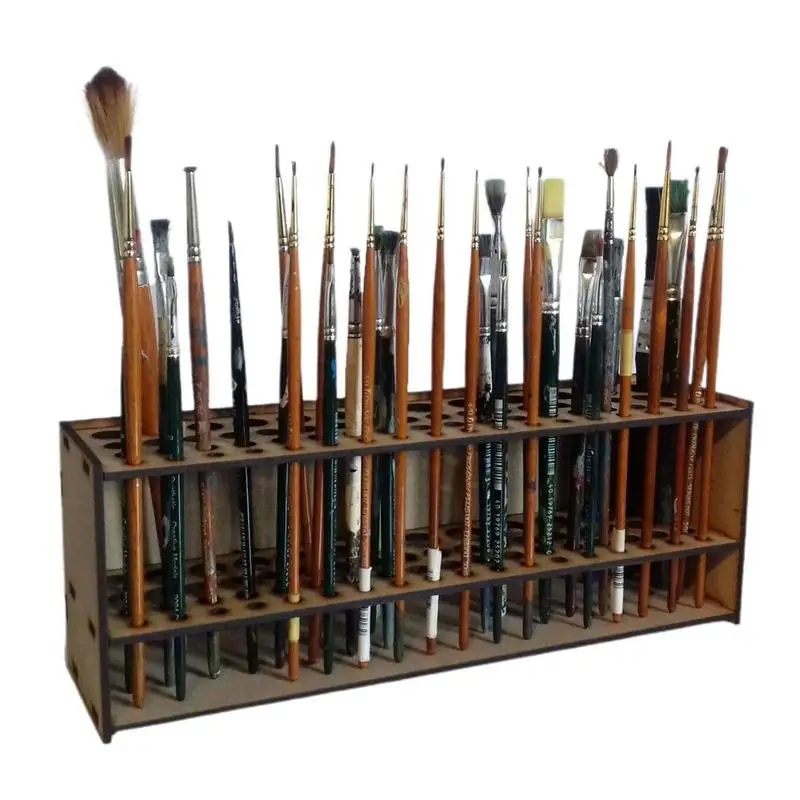 Paint Brush Holder 67 Hole Wooden Standing Desk Storage Rack Watercolor Tray Pencil