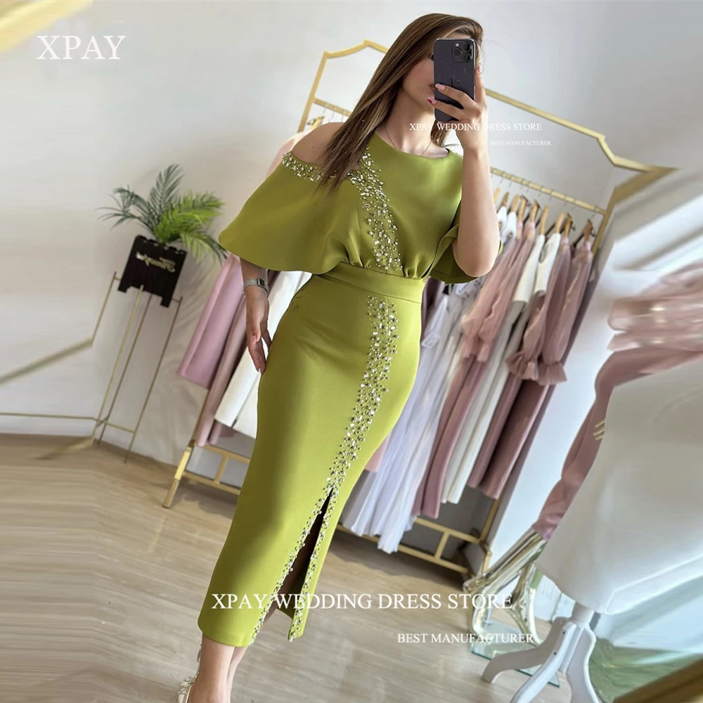 

XPAY NEW Arabic Women Mermaid Evening Party Dresses O-Neck Beads Pearls Split Stretch Satin Mid-calf Formal Event Prom Gowns