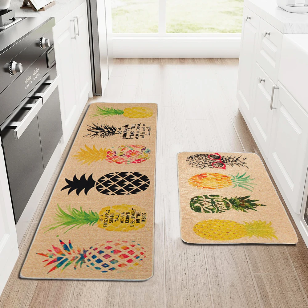 

Natural Rubber 2 Pieces Sets Non-Slip Washable Kitchen Rug and Mat Pineapple Comfortable Durably Laundry Room Area Rugs Floor