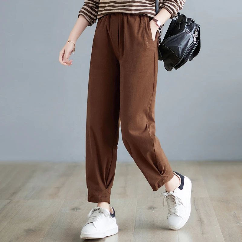 flare pants 2022 Womens Vintage Harem Pants Spring Large Size Elastic Waist Cotton Trousers Woman Casual Solid Pantalon Loose Casual Pants yoga pants