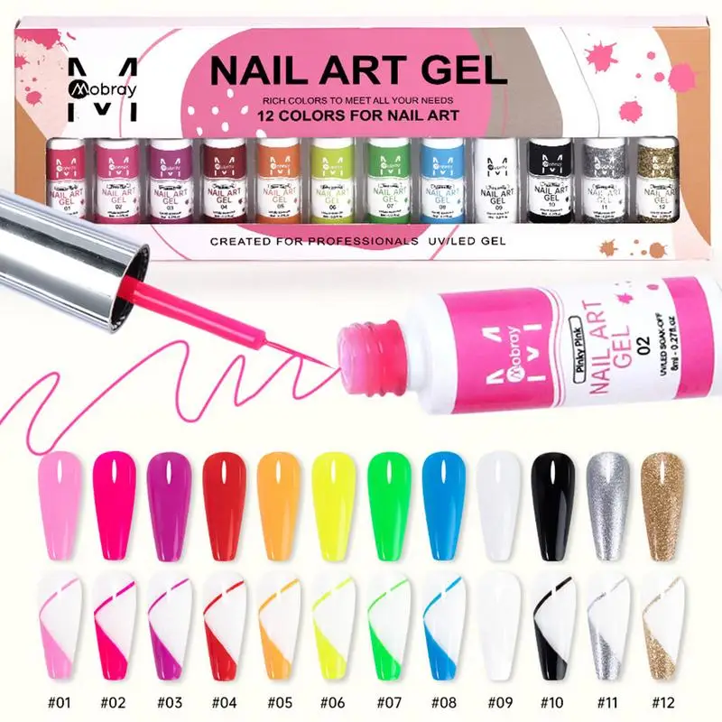 

12Bottle/Set Neon Nail Art Gel Polish Paint Line Brush Soak Off UV/LED Drawing Varnish Pull Liner Pen Salon Lacquer Decoraion