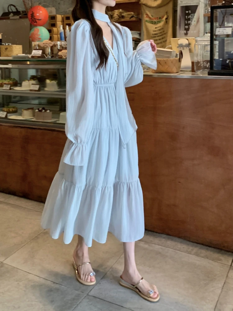 Elegant Autumn Midi Dresses for Women V-neck Flare Sleeves A-line Solid Korean Fashion Casual French Vintage Vestidos Mujer New