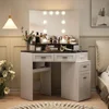 Corner Vanity Desk with Tri-Fold Mirror and Adjustable Light,Power Outlet, 3 Drawers, Sliding Cabinet, Open Shelves for Bedroom 6