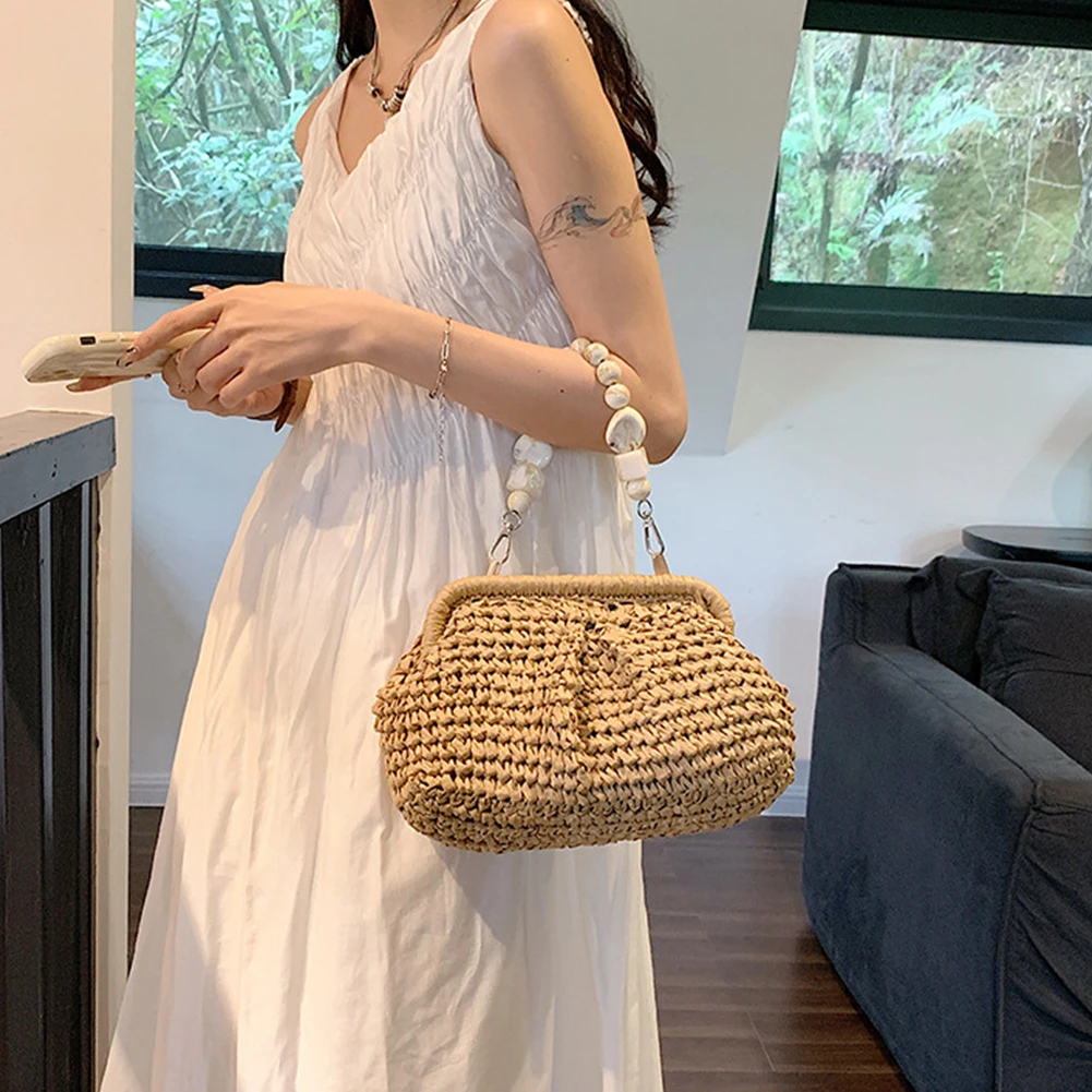 Shell Straw Top Handle Bags for Women Handbags Brands Summer Rattan Boho Woven Casual Shoulder Bags Female Clutch Purses 2023