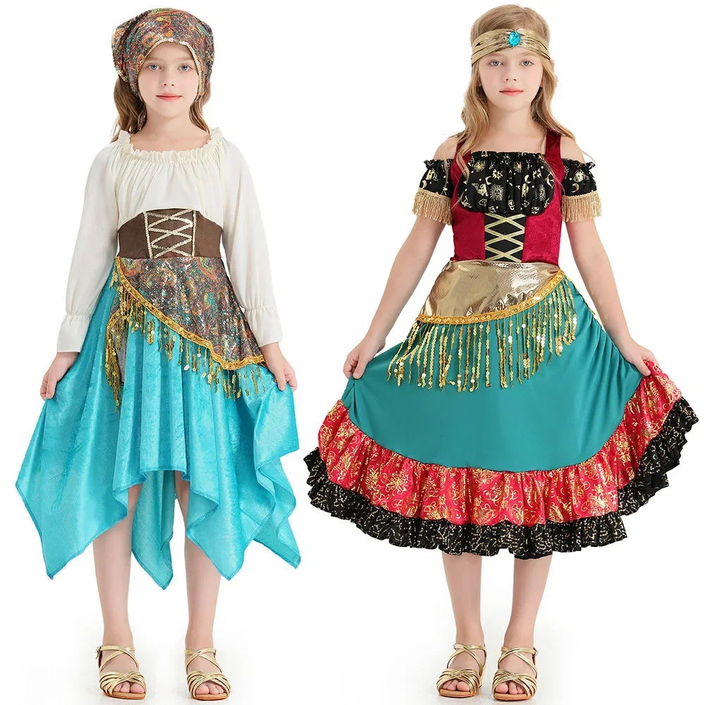

Flamenco Show Gypsy Cosplay Dress for Children Girls Halloween Princess Irregular Dress Waltz Tango Dance Bohemian Sequin Dress