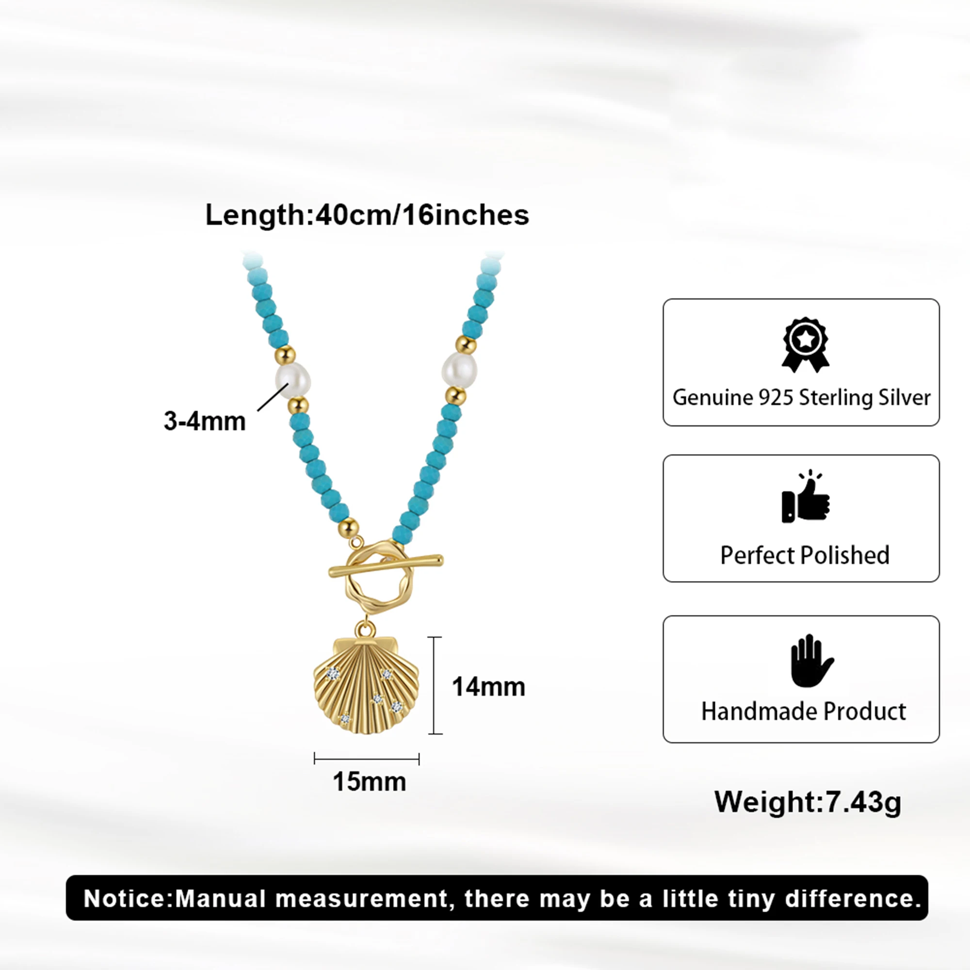 Silver Shell Pendant Necklace with Freshwater Pearl Turquoise - Ocean-Inspired Beach