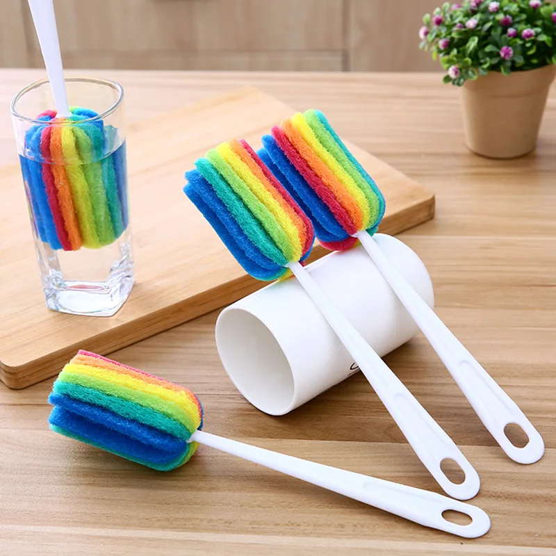 3Pcs Rainbow Sponge Brush Water Bottle Cup Mug Glass Washing Sponge Cleaning Brush Scrubber with Handle Cleaning Utensils