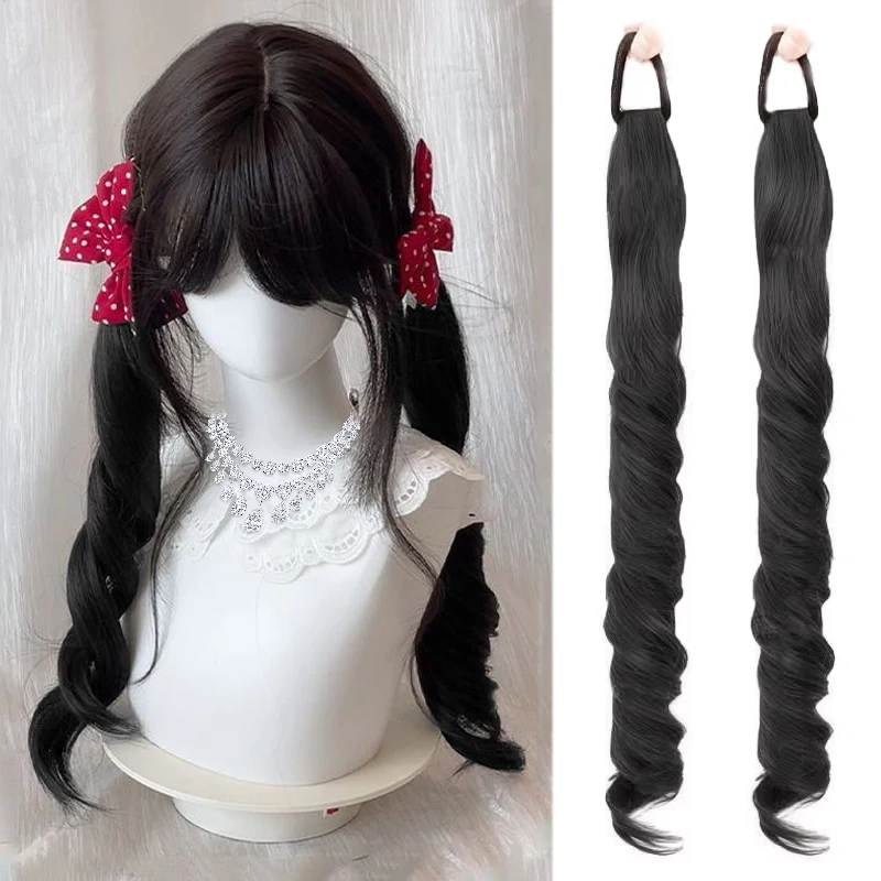 LUPU Double Tail Female Wig Sweet Girl Roman Curl Natural Synthetic Braided Fake Tail Hair Extension Easy to Wear