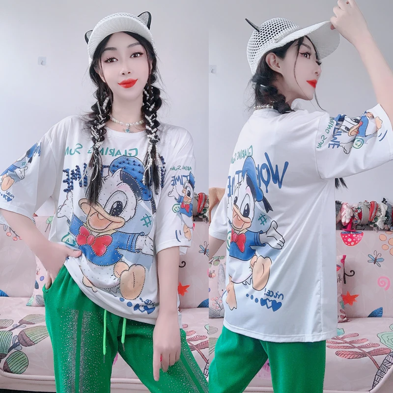 Fashion Brand Hot Drilling Beaded Cartoon T-shirt and Sweatpants Two Piece Sets Women Outifits 2024 Summer Cute Fashion Suit