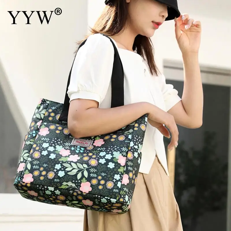 Women Bucket Tote Bags Casual Floral Printing Nylon Shoulder Handbag Top Handle Bag Large Capacity Mother Travel Shopping Purse
