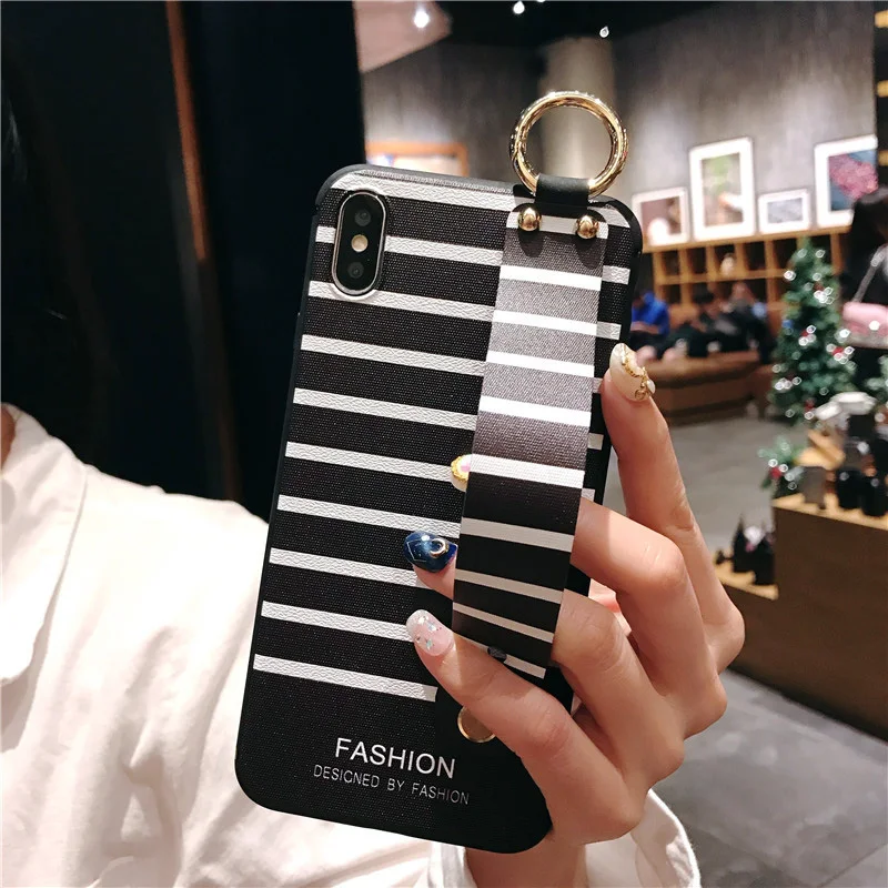Black and White Stripes Wrist Strap Phone Holder with Soft TPU Cover