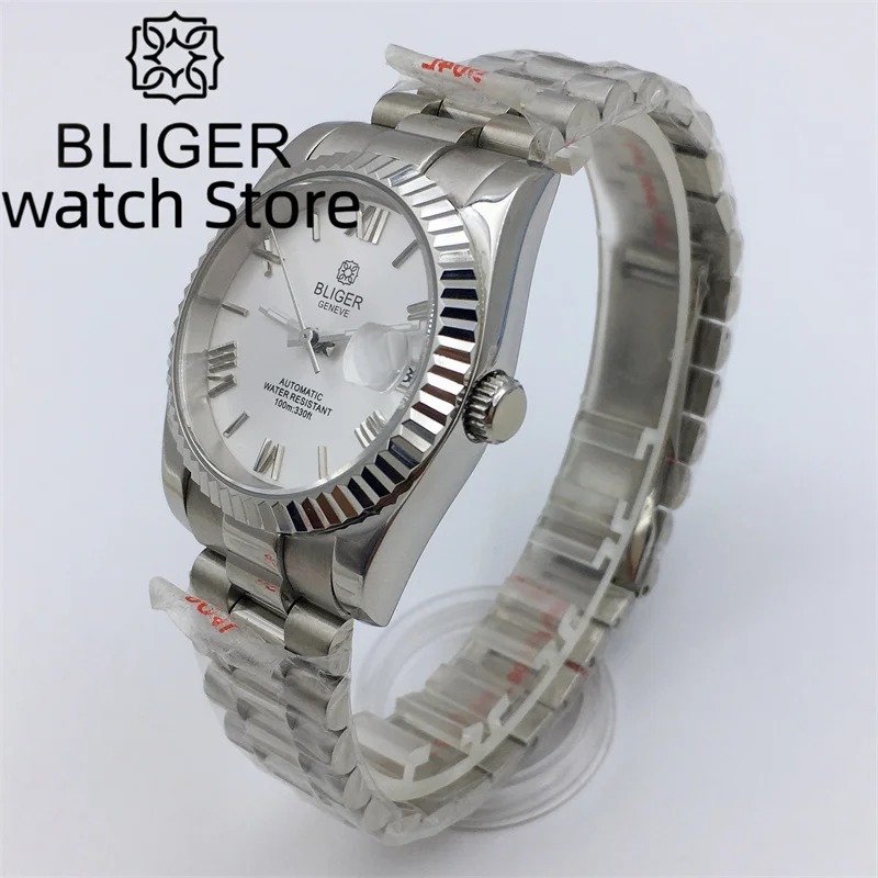 BLIGER NH35A Mechanical Watch for Men Presidential/Jubilee Bracelet 36mm/39mm Fluted Bezel Sapphire glass Roman numerals  dial