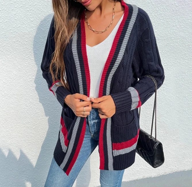 

Cardigans for Woman 2023 Autumn New Fashion Mid Length Striped Pocket Design Versatile Knitted Cardigan Temperament Commuting