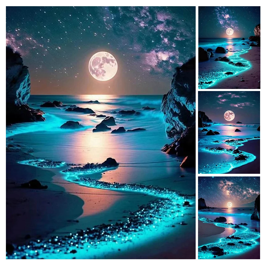 Diy 5D Diamond Painting Moonlight Sea Scenery Full Rhinestone Arts Mosaic Embroidery Night Landscape Wall Decor FG2211