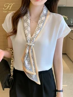 H Han Queen – chemisier en mousseline de soie pour femme, haut décontracté à lacets, Style coréen OL, tenue de bureau, ample, été 5