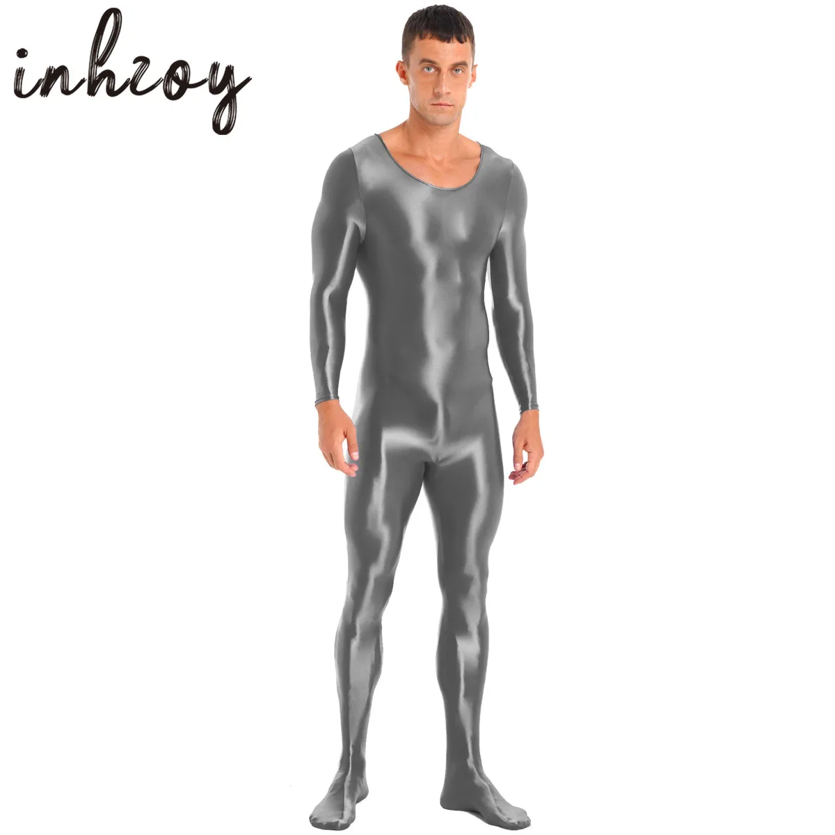 Men Glossy Smooth Bodystocking Oil Shiny Long Sleeve One-Piece Bodysuit Jumpsuit Gym Fitness Full Body Leotard Swimwear Swimsuit ribbed solid women jumpsuit full sleeve o neck one pieces slim fit body shaping daily fitness yoga sporty bodycon streetwear