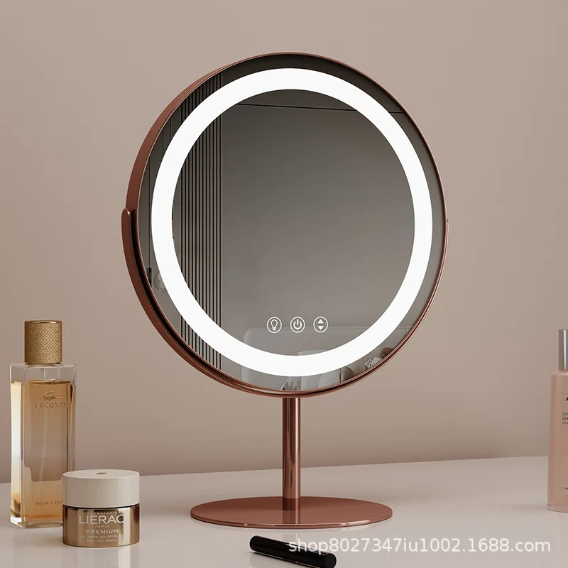 Circular desktop LED makeup mirror with light, smart sensing touch makeup fill light mirror, rotatable