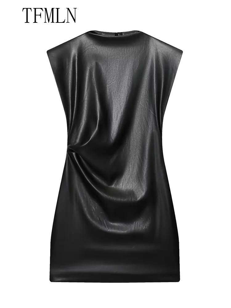Elegant Women Faux Leather Pleated Dresses 2025 Autumn Sexy Sleeveless O-neck Short Dress Retro Female Party Evening Dress