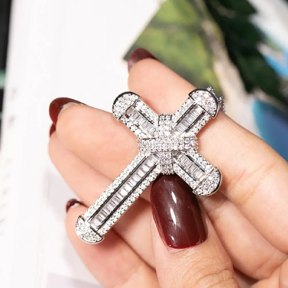 New 925 Silver Exquisite Bible Jesus Cross Pendant Necklace for women men Crucifix Charm Simulated Platinum Diamond Jewelry N028