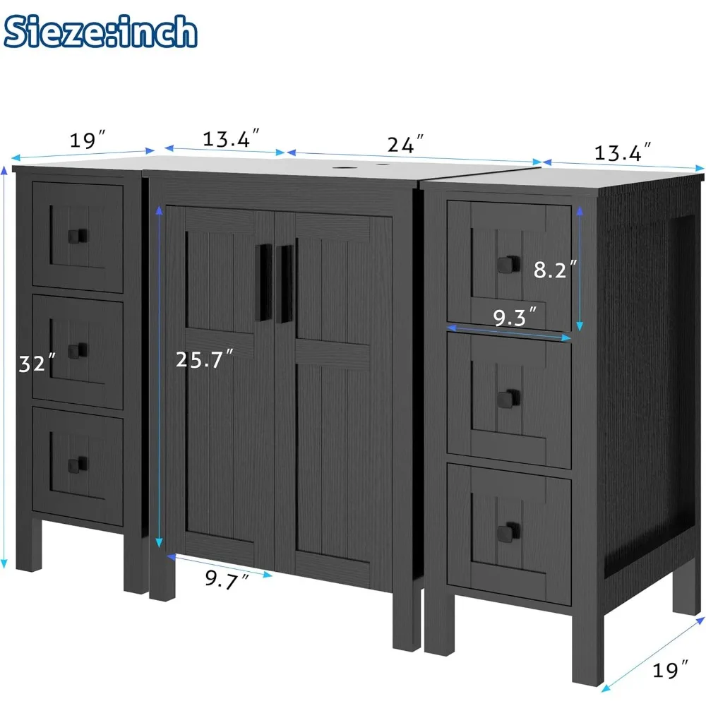 Black 48" Bathroom Vanity with Sink Combo,Modern Sink Cabinet,Bathroom Vanity Cabinet,3 Drawers Cabinet,Grooved Doors 3