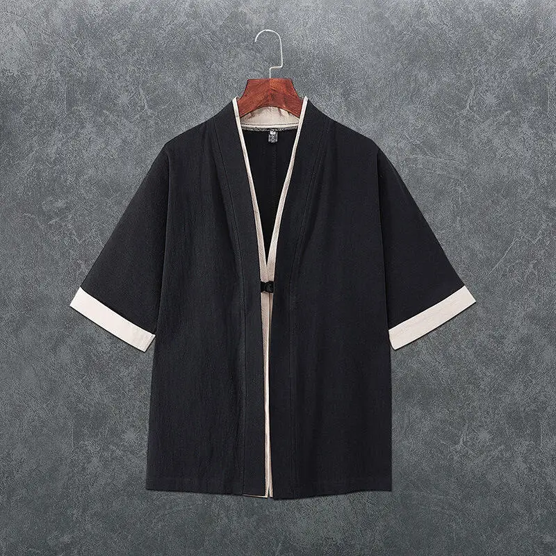 Sommer Japanischer Kimono Cardigan für Herren Leichter Leinen 3/4 Ärmel Offene Vorderseite Schwarz Traditioneller Haori Kimono – Detail 2