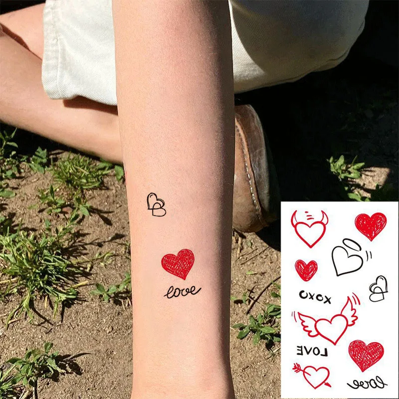 Autoadesivo Del Tatuaggio Temporaneo Impermeabile Coppia Red Heart Wing 'Love' Art Tattoo Watertransfer Falso Flash Tatto Per Uomo Donna