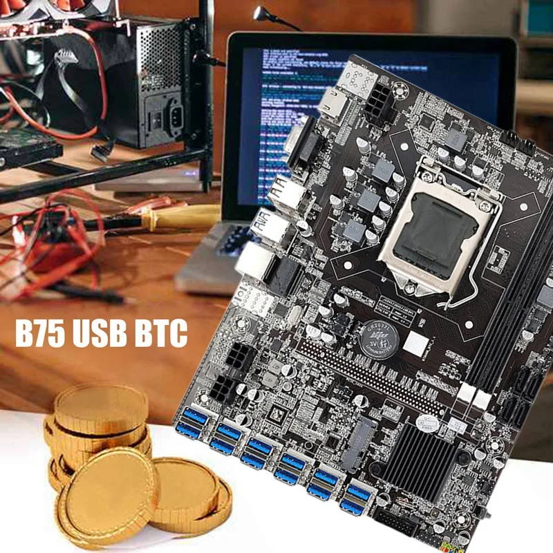 B75 ETH Miner Motherboard 12 PCIE to USB3.0+I3 2100 CPU+Thermal Grease+Thermal Pad+SATA Cable+Switch Cable Motherboard best motherboard for office pc