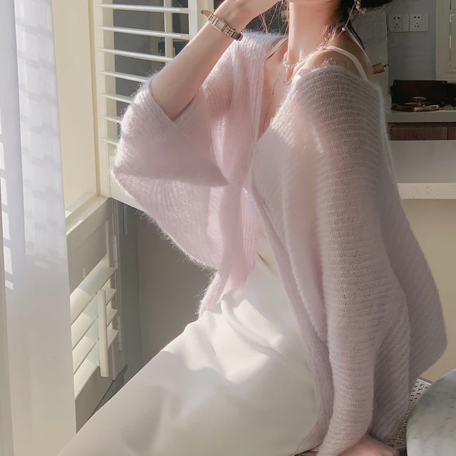 spring summer Women's Knitted Sweaters Lady Hollow out Mesh Thin Cardigan See Through Look batwing Sleeve Loose white Tops Smock 2