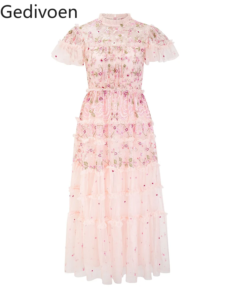 

Модные Дизайнерские летние женские платья Gedivoen, офисное женское платье-трапеция до щиколотки с цветочным принтом и коротким воротником