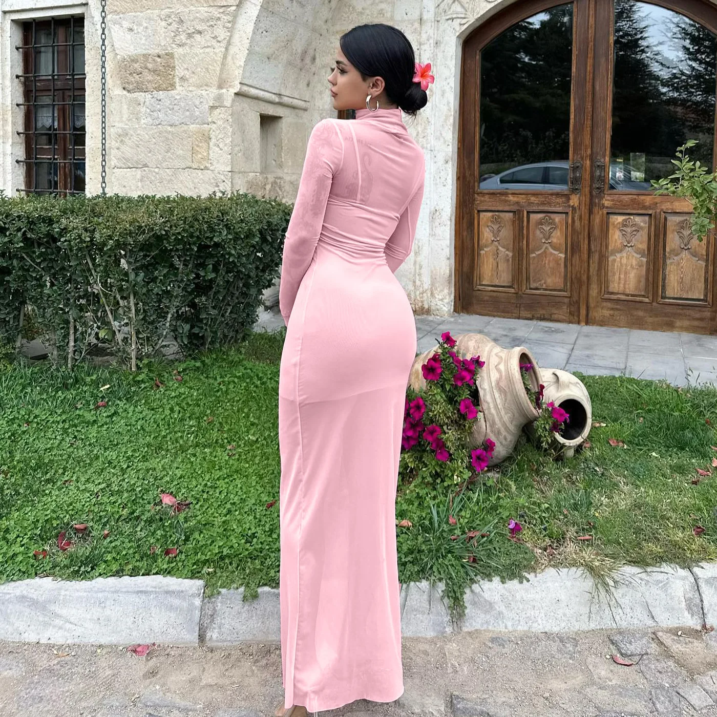 Conjunto de dos piezas de malla para mujer, vestido mini transparente, ajustado, sexy, de moda, de manga larga, con retazos, otoño 2025