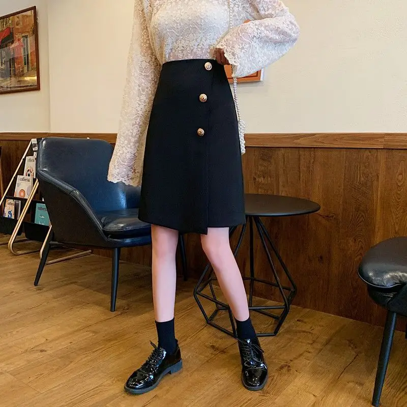 Summer Fashion Solid Casual Girl Slim Women's A-Line Dress School Ofice-Lady Soft Button Short Tweed Straight Skirt