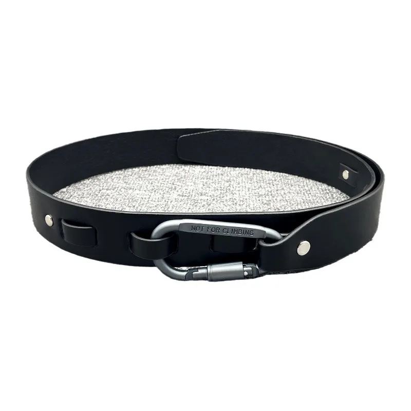 Leather Belt New Ins Style Silver Gray Climbing Carabiner Letter Engraving Function Black Belt Belt Men and Women Trendy Outdoor