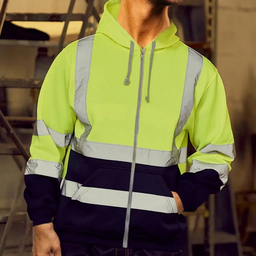 Reflective Hoodie Reflective Strip Men's Hoodie Coat with Drawstring Closure for Outdoor Work Safety Warm Cold-proof Overalls