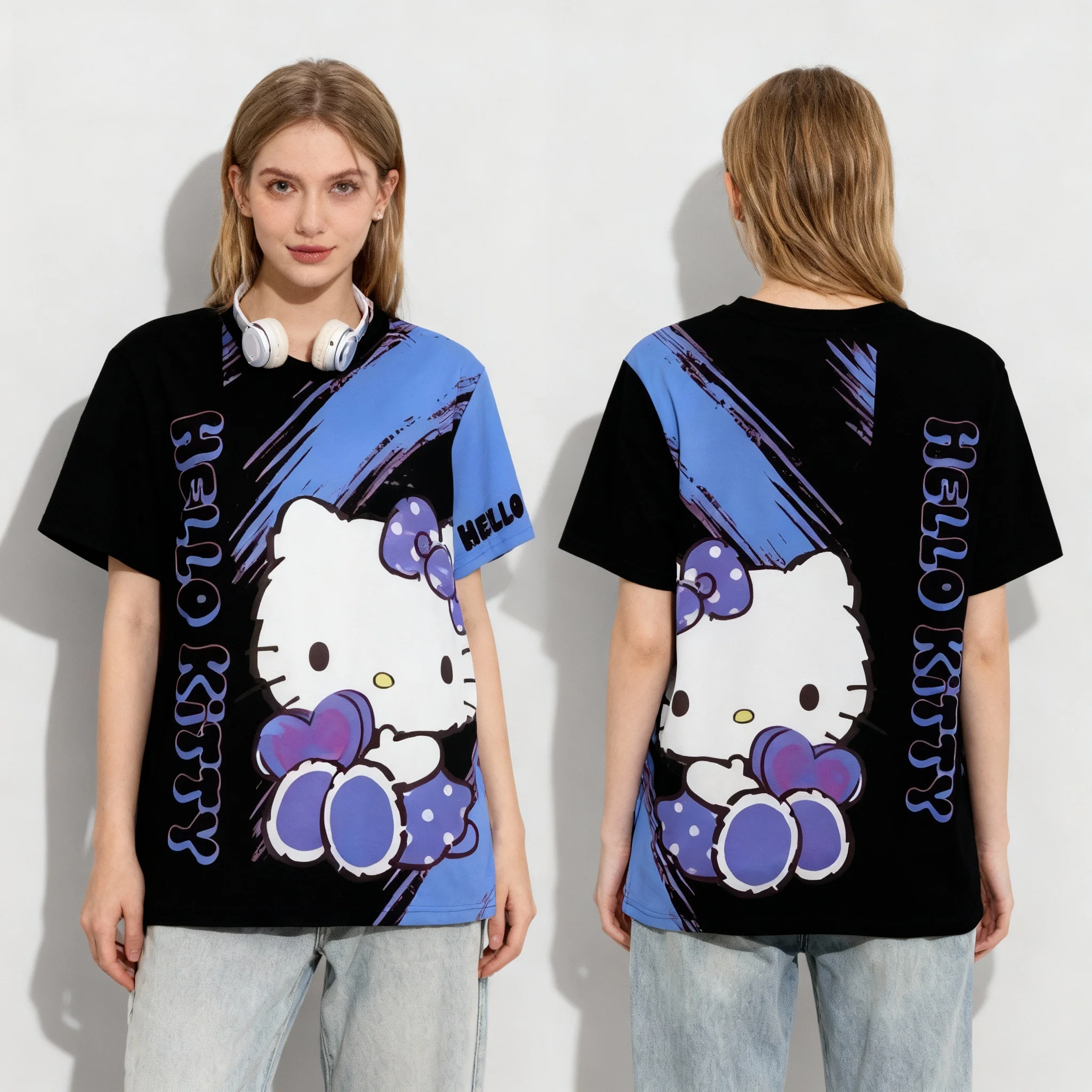Sanrio Hello Kitty Elemental Ball Wear Sweet Cool 여름 티셔츠 오버사이즈 남성 성인 캐주얼 스포츠 티셔츠 출산복
